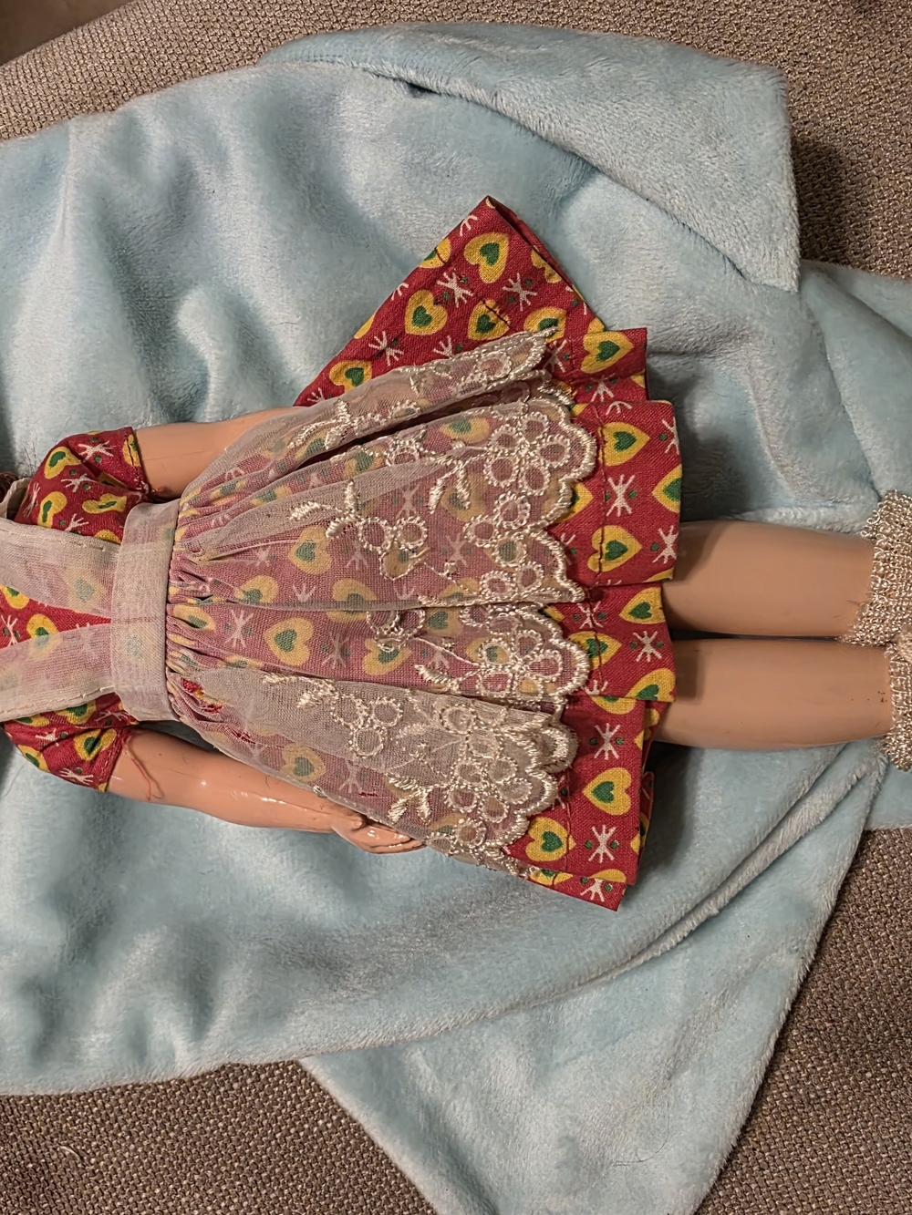 Antique Vintage Shirley Temple Doll In Dress with Red Heart Print and Lace Apron